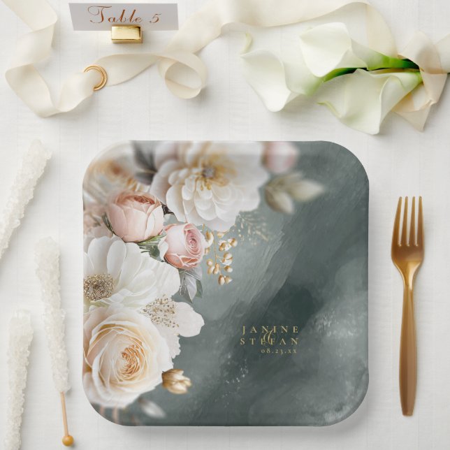 Floral Drama Wedding Green ID1022 Paper Plates (Wedding)