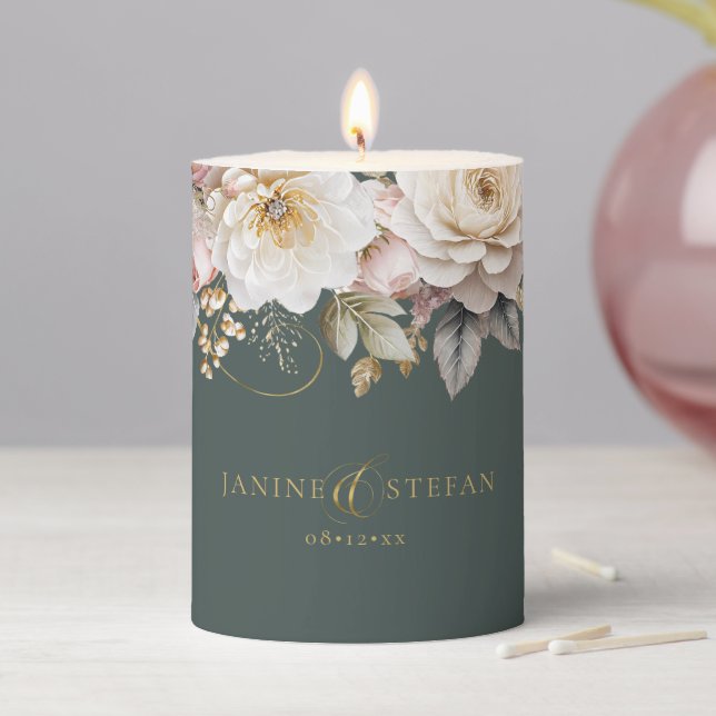 Floral Drama Wedding Green ID1022 Pillar Candle (In Situ)