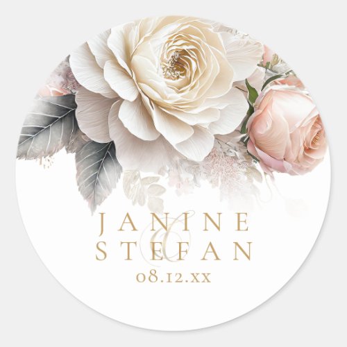 Floral Drama Wedding Names White ID1022 Classic Round Sticker