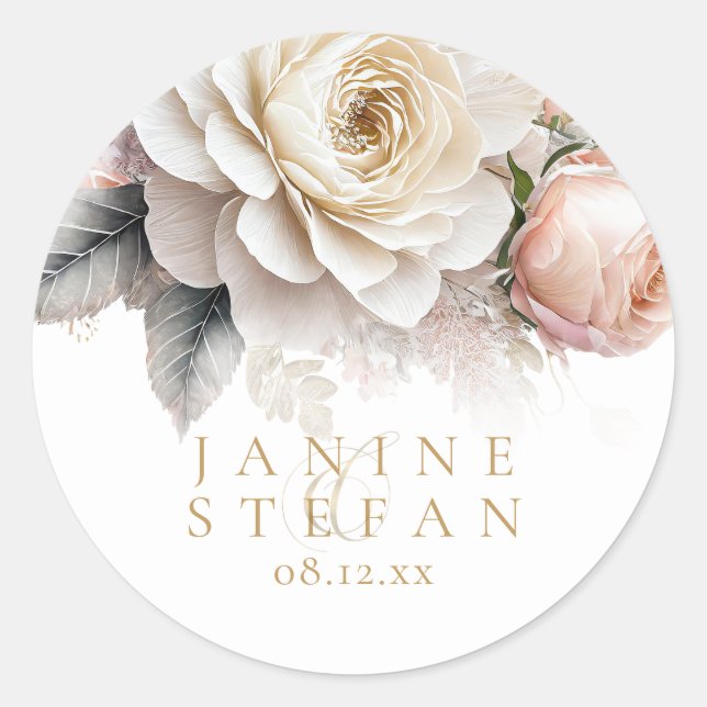 Floral Drama Wedding Names White ID1022 Classic Round Sticker (Front)