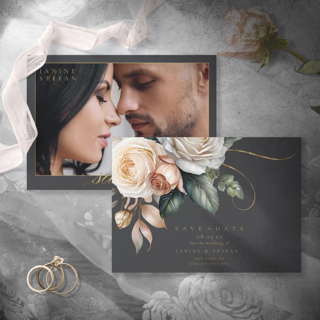 Floral Drama Wedding Photo Charcoal ID1022 Save The Date (Creator Uploaded)