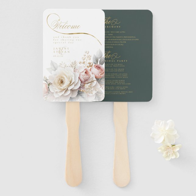 Floral Drama Wedding Program Green ID1022 Hand Fan (Front and Back)