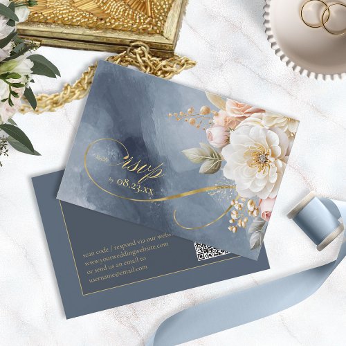 Floral Drama Wedding QR Code Blue ID1022 RSVP Card