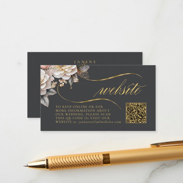 Floral Drama Wedding QR Code Charcoal ID1022 Enclosure Card (Front/Back In Situ)