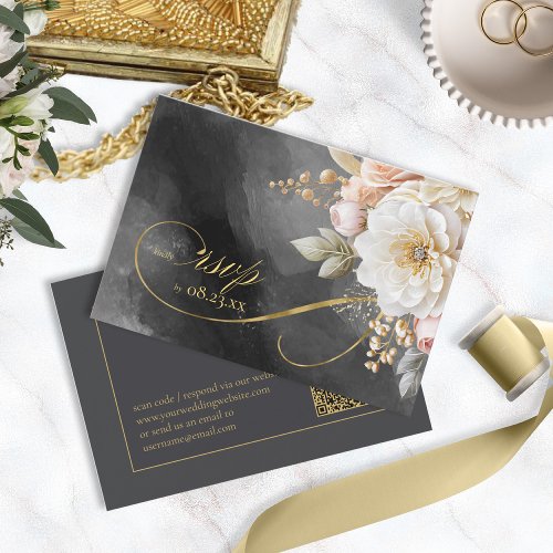 Floral Drama Wedding QR Code Charcoal ID1022 RSVP Card