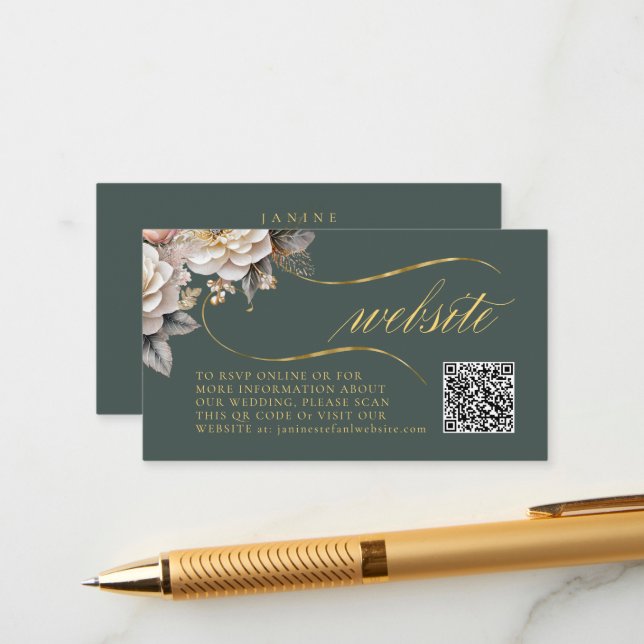 Floral Drama Wedding QR Code Green ID1022 Enclosure Card (Front/Back In Situ)