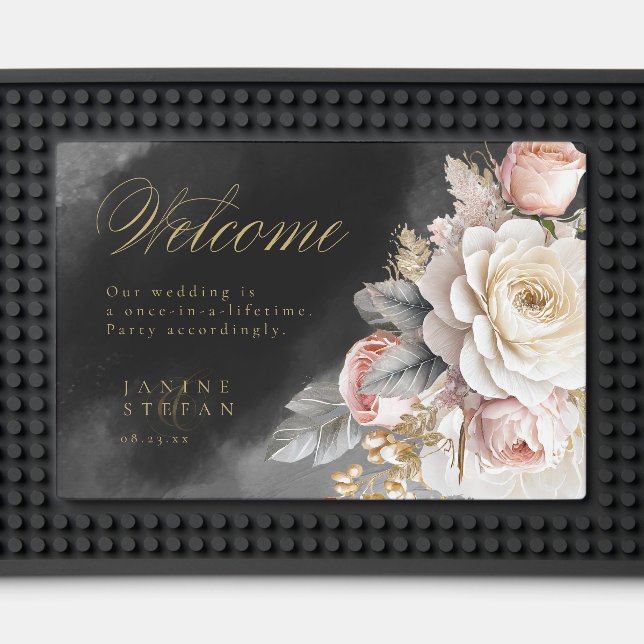Floral Drama Wedding Welcome Charcoal ID1022 Bar Mat (Front (Close Up))