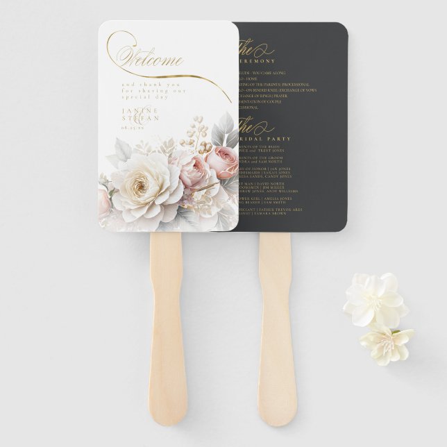 Floral Drama Wedding Welcome Charcoal ID1022 Hand Fan (Front and Back)