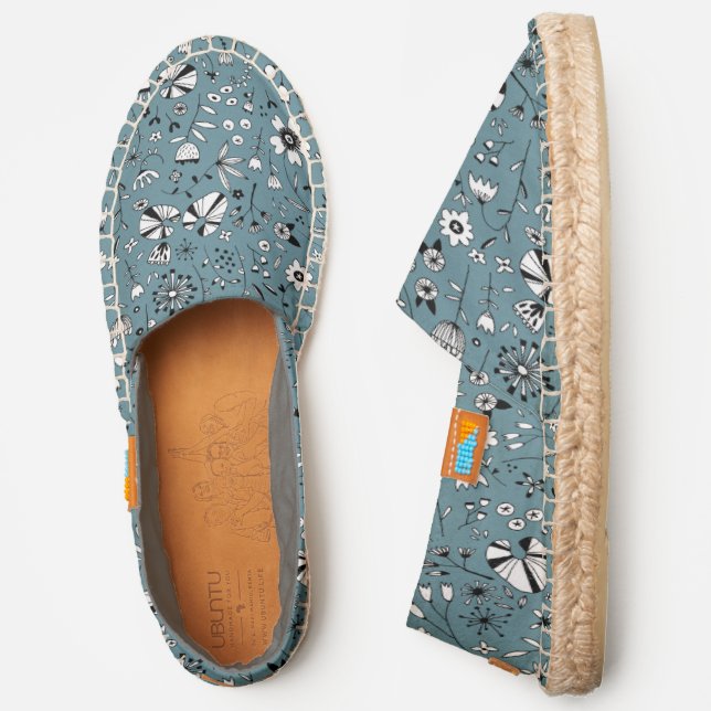 Floral Drawings Black White and Teal Green Espadrilles (Side)