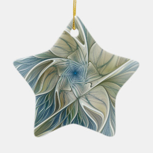 Floral Dream Abstract Blue Khaki Fractal Art Star Ceramic Ornament