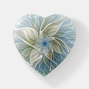 Floral Dream Abstract Blue Khaki Fractal Heart Paperweight