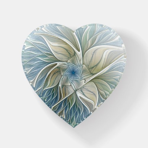 Floral Dream Abstract Blue Khaki Fractal Heart Paperweight