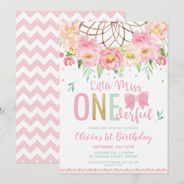 Floral Dream Catcher Miss Onederful 1st Birthday Invitation (Front/Back)
