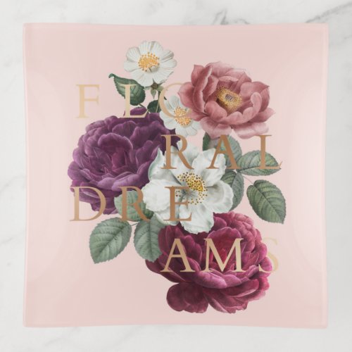 Floral Dream gold Typography with Vintage Roses Trinket Tray