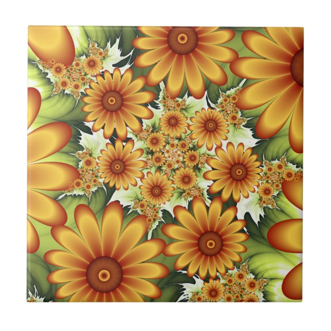 Floral Dream, Modern Abstract Flower Fractal Art Ceramic Tile (Front)