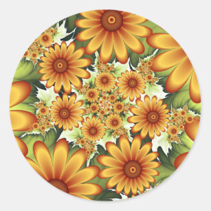 Floral Dream, Modern Abstract Flower Fractal Art Classic Round Sticker