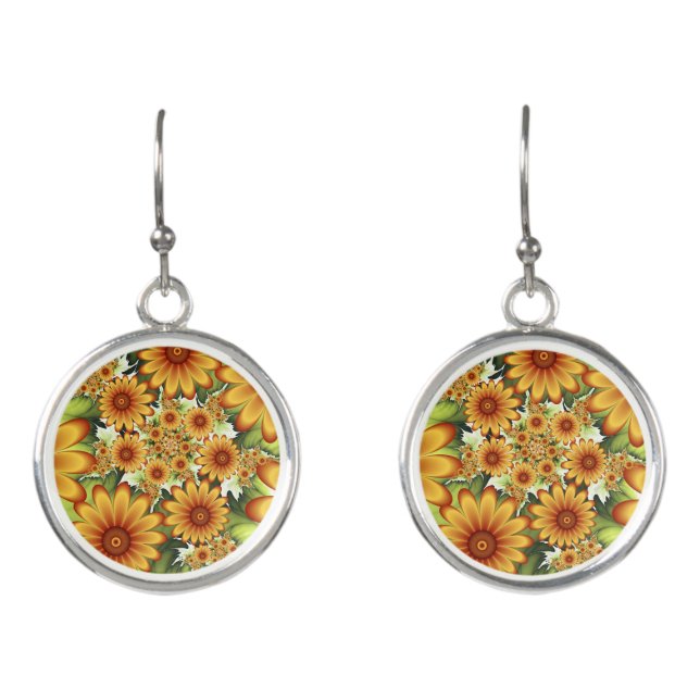 Floral Dream, Modern Abstract Flower Fractal Art Earrings (Front)