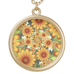 Floral Dream, Modern Abstract Flower Fractal Art Gold Plated Necklace