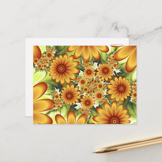 Floral Dream, Modern Abstract Flower Fractal Art Postcard (Front/Back In Situ)