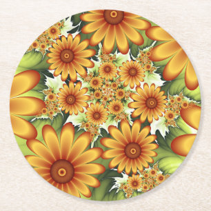 Floral Dream, Modern Abstract Flower Fractal Art Round Paper Coaster