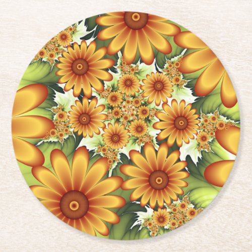 Floral Dream Modern Abstract Flower Fractal Art Round Paper Coaster