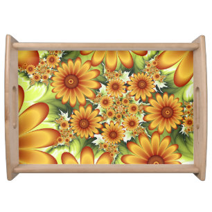 Floral Dream, Modern Abstract Flower Fractal Art Serving Tray