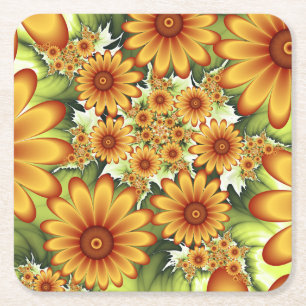 Floral Dream, Modern Abstract Flower Fractal Art Square Paper Coaster