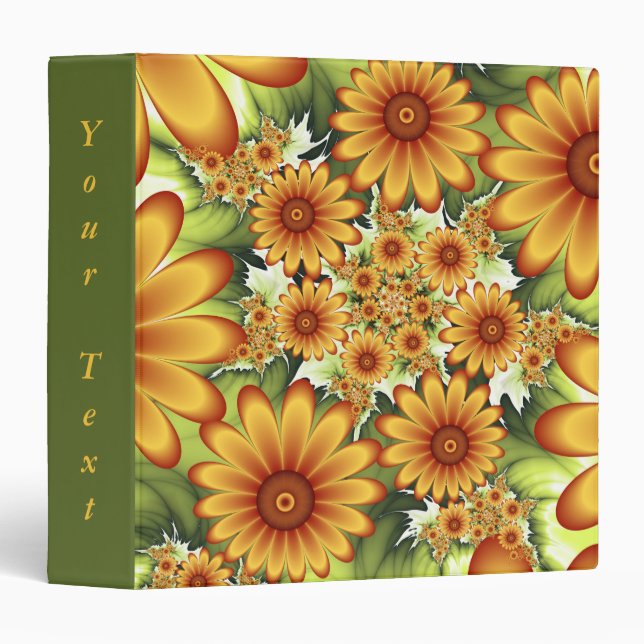 Floral Dream, Modern Abstract Flower Fractal Text 3 Ring Binder (Front/Spine)