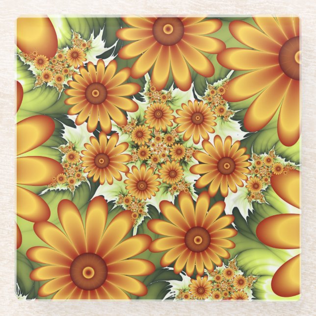 Floral Dream, Modern Abstract Flowers Fractal Art Glass Coaster (Front)
