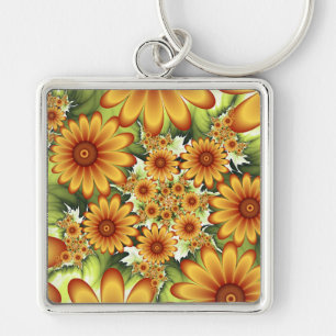 Floral Dream, Modern Abstract Flowers Fractal Art Keychain