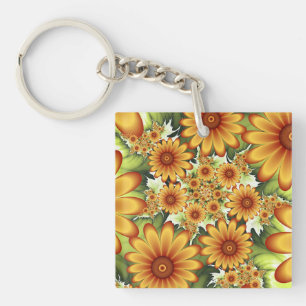 Floral Dream, Modern Abstract Flowers Fractal Art Keychain