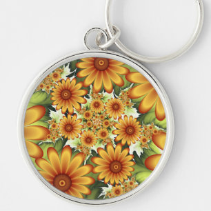 Floral Dream, Modern Abstract Flowers Fractal Art Keychain