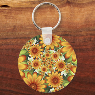 Floral Dream, Modern Abstract Flowers Fractal Art Keychain