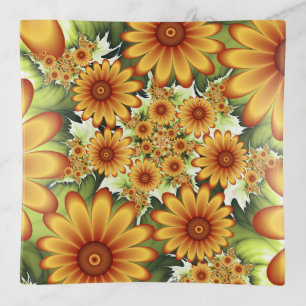 Floral Dream, Modern Abstract Flowers Fractal Art Trinket Tray