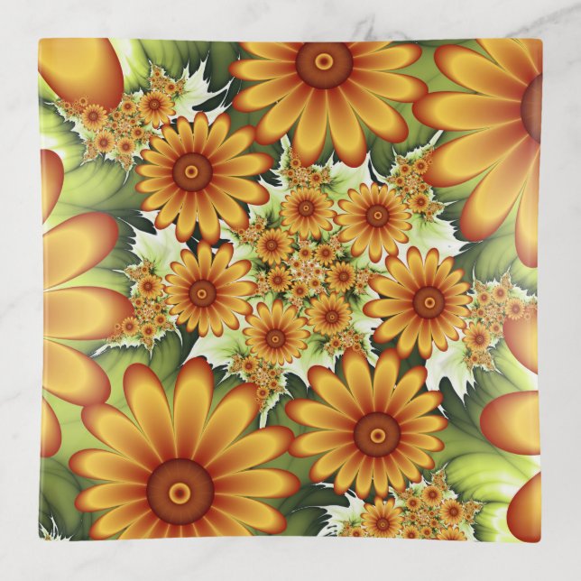 Floral Dream, Modern Abstract Flowers Fractal Art Trinket Tray (Front)