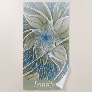 Floral Dream Pattern Abstract Art Blue Khaki Name Beach Towel