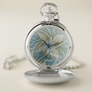 Floral Dream Pattern Abstract Art Blue Khaki, Name Pocket Watch