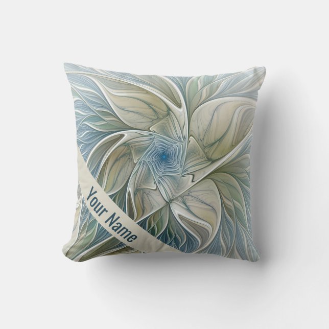 Floral Dream Pattern Abstract Art Blue Khaki Name Throw Pillow (Front)