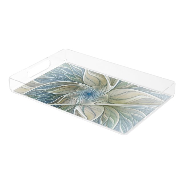 Floral Dream Pattern Abstract Blue Khaki Fractal Acrylic Tray (Angled)