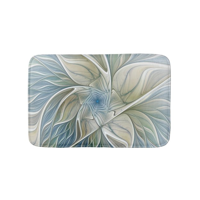 Floral Dream Pattern Abstract Blue Khaki Fractal Bath Mat (Front)