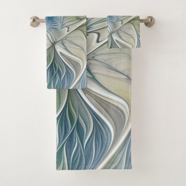 Floral Dream Pattern Abstract Blue Khaki Fractal Bath Towel Set