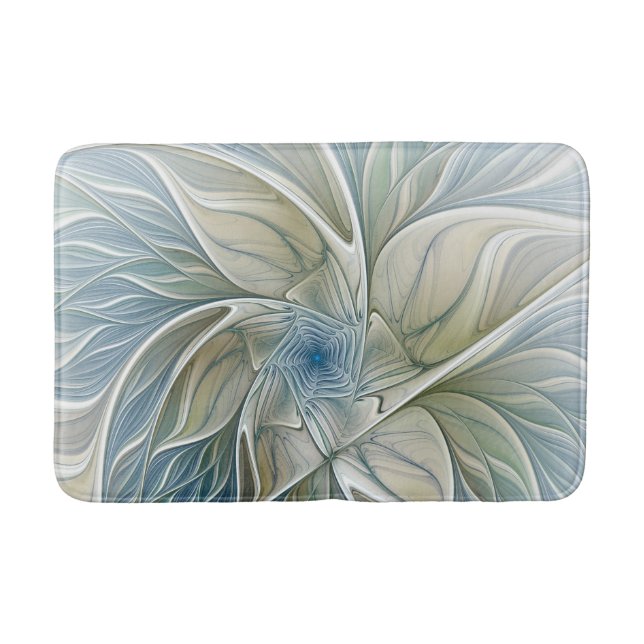 Floral Dream Pattern Abstract Blue Khaki Fractal Bathroom Mat (Front)
