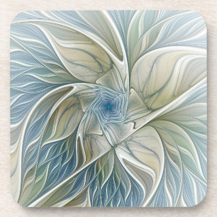 Floral Dream Pattern Abstract Blue Khaki Fractal Beverage Coaster