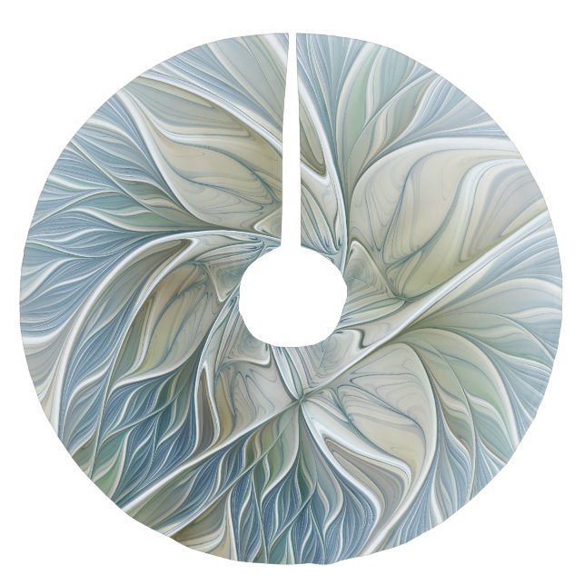 Floral Dream Pattern Abstract Blue Khaki Fractal Brushed Polyester Tree Skirt (Front)