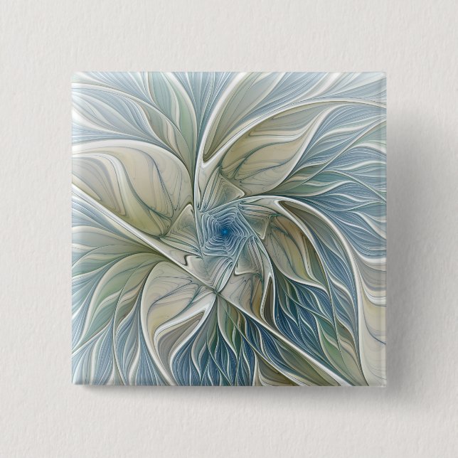 Floral Dream Pattern Abstract Blue Khaki Fractal Button (Front)