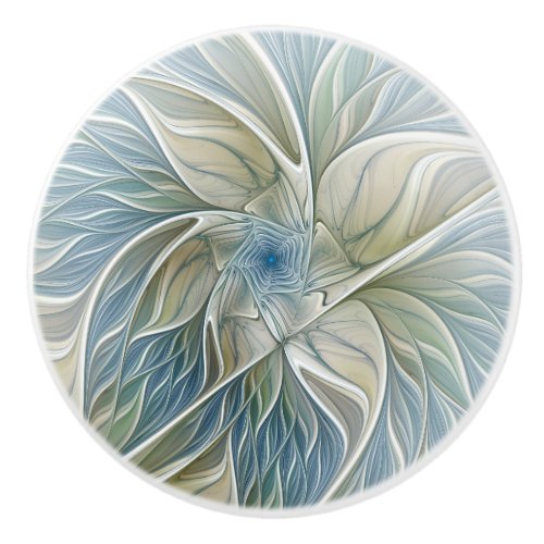 Floral Dream Pattern Abstract Blue Khaki Fractal Ceramic Knob