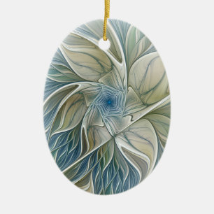 Floral Dream Pattern Abstract Blue Khaki Fractal Ceramic Ornament