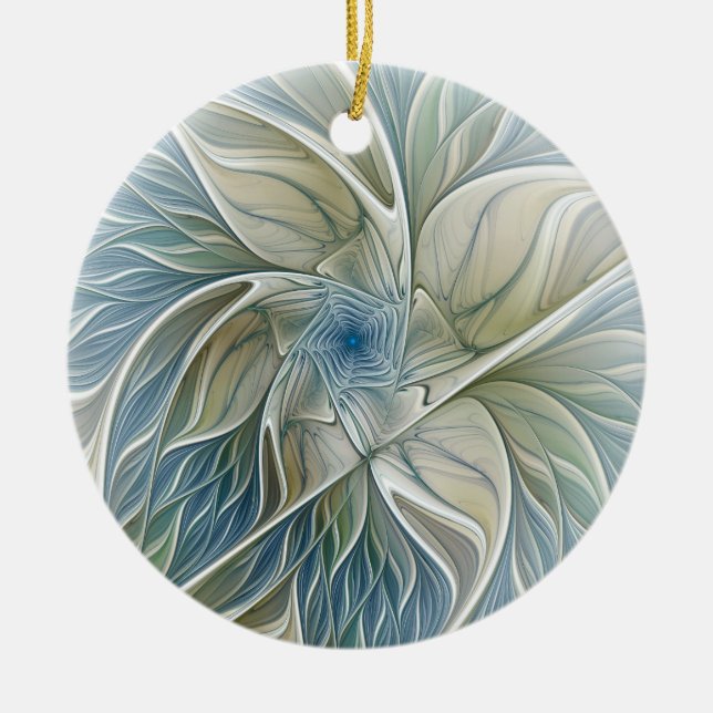 Floral Dream Pattern Abstract Blue Khaki Fractal Ceramic Ornament (Front)