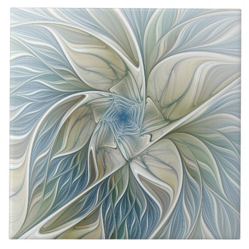 Floral Dream Pattern Abstract Blue Khaki Fractal Ceramic Tile