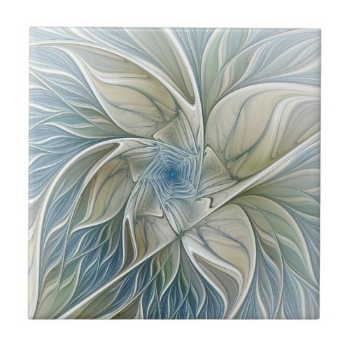 Floral Dream Pattern Abstract Blue Khaki Fractal Ceramic Tile